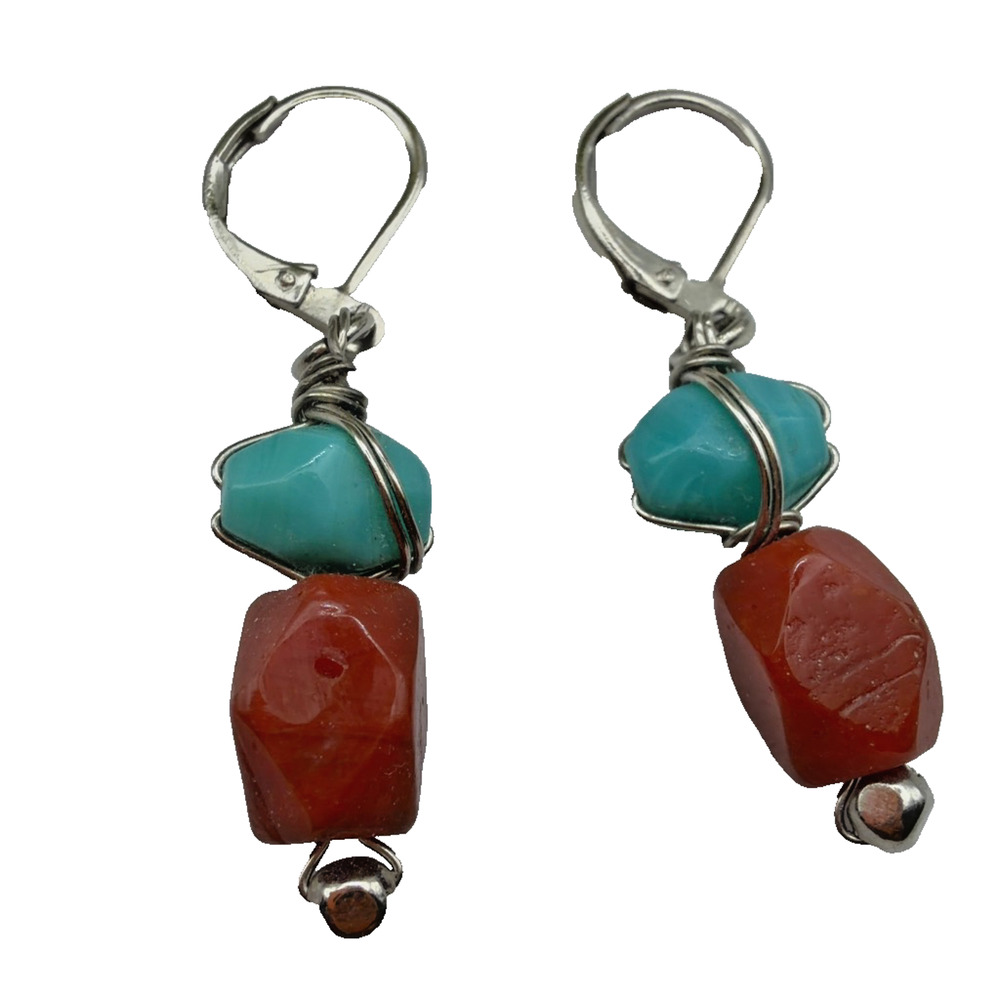 Vintage Handmade Wire Wrapped Dangle Earrings Mixed Stone Glass Beads 1.5"